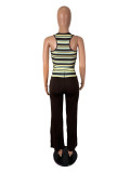 Stripe Print Sleeveless U Neck Two Piece Pants Set SHD-8128