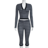 Deep V Neck Stripe Print Two Piece Pants Set MXBF-J26ST363