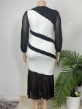 Plus Size Color Block Mesh  Long Sleeve Maxi Dress GAWE-6784