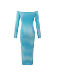 Stripe Knits Long Sleeve Long Dress ZDF-33553