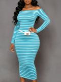 Stripe Knits Long Sleeve Long Dress ZDF-33553