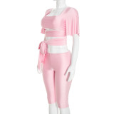 Solid Color Tie Up Top Seventh Pants Suit GSZM-C26ST290
