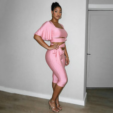 Solid Color Tie Up Top Seventh Pants Suit GSZM-C26ST290
