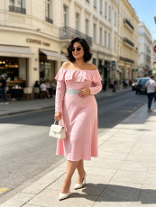Plus Size One Shoudler Ruffles Long Sleeve Midi Dress GAWE-6787