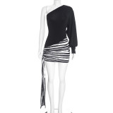 Single Shoulder Long Sleeve Stripe Mini Dress GSZM-C26DS328