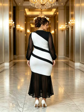 Plus Size Color Block Mesh  Long Sleeve Maxi Dress GAWE-6784