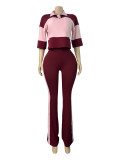 Contrast Color Stripe Half Sleeve Two Piece Pants Set CH-26036