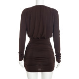 Deep V Neck Logn Sleeve Ruched Mini Dress GSZM-C26DS333