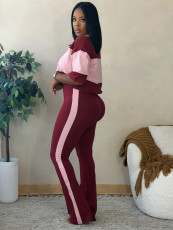 Contrast Color Stripe Half Sleeve Two Piece Pants Set CH-26036
