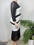 Plus Size Color Block Mesh  Long Sleeve Maxi Dress GAWE-6784