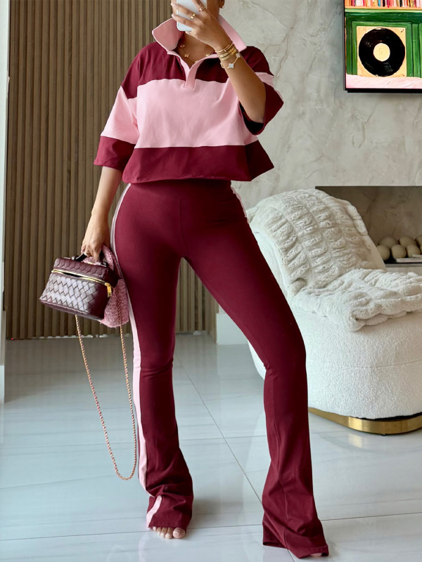 Contrast Color Stripe Half Sleeve Two Piece Pants Set CH-26036
