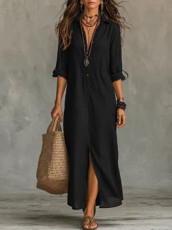 Short Sleeve Lapel Split Maxi Dress GWDS-260718