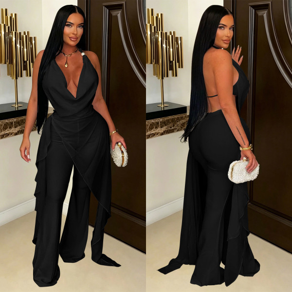 Halterneck Backless Irregular Top Two Piece Pants Set BY-7799