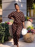 Polka Dot Print Long Sleeve Two Piece Pants Set ZDF-33557