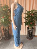 Sleeveless Denim Sling Wide Leg Jumpsuit OSM-4507