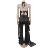 Halterneck Backless Irregular Top Two Piece Pants Set BY-7799