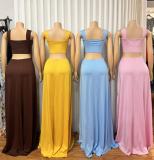 Square Neck Hollow Out Split Maxi Dress GMYU-10126