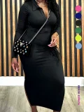 Plus Size Solid Color Long Sleeve Knits Midi Dress ZDF-33555