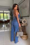 Sleeveless Denim Sling Wide Leg Jumpsuit OSM-4507