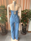 Sleeveless Denim Sling Wide Leg Jumpsuit OSM-4507