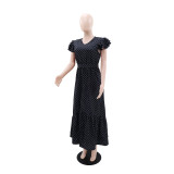 Polka Dot Printed V Neck Maxi Dress GYLY-10903