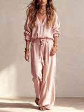 Loose V Neck Logn Sleeve Pants 2 Piece Set GWDS-260719