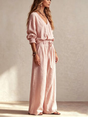 Loose V Neck Logn Sleeve Pants 2 Piece Set GWDS-260719