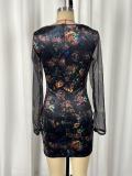 See Through Mesh Patchwork Long Sleeve Mini Dress GWDS-260715
