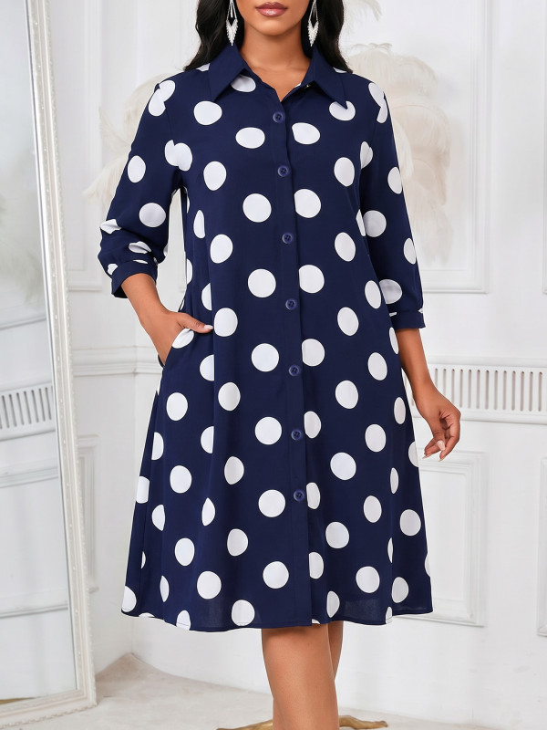 Polka Dot Print 3/4 Sleeve Midi Dress GYLY-11347