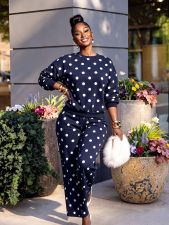 Polka Dot Print Long Sleeve Two Piece Pants Set ZDF-33557