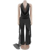 Halterneck Backless Irregular Top Two Piece Pants Set BY-7799