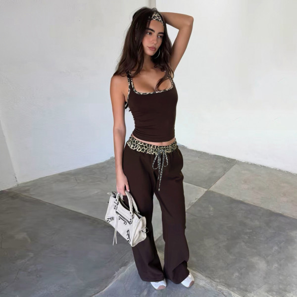 Leopard Print Contrast Color Two Piece Pants Set GPKJ-MR51393