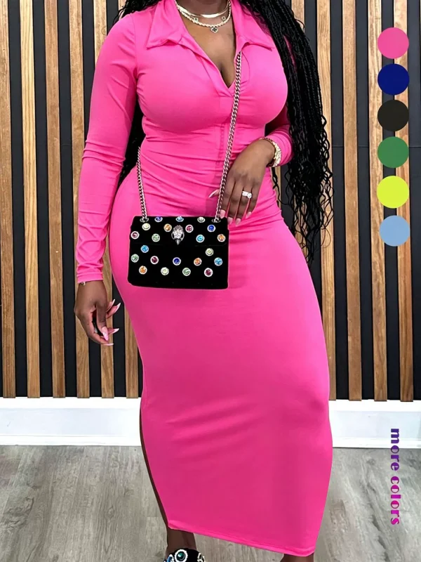 Plus Size Solid Color Long Sleeve Knits Midi Dress ZDF-33555