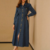 Long Sleeve Lapel Denim Maxi Dress GDAM-218785