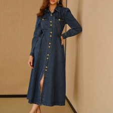 Long Sleeve Lapel Denim Maxi Dress GDAM-218785