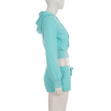 Solid Color Zipper Hooded Sweatshirt Two Piece Shorts Set GPKJ-MR51387