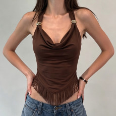 Halterneck Solid Color Tassel Vest GPKJ-MR49999