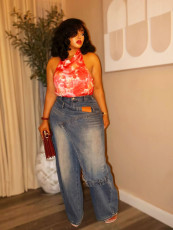 Plus Size Irregular Patchwork Washed Jeans GYLN-1888