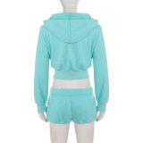 Solid Color Zipper Hooded Sweatshirt Two Piece Shorts Set GPKJ-MR51387