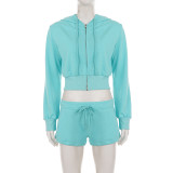 Solid Color Zipper Hooded Sweatshirt Two Piece Shorts Set GPKJ-MR51387