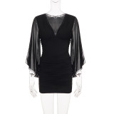 Lace Patchwork Bat Sleeve Mini Dress GPKJ-MR51293