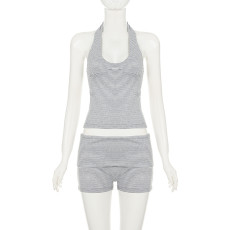 Casual Striped Halter Neck Camisole Shorts Two Piece Set GPKJ-MR50004