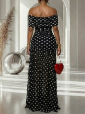 Polka Dot Mesh Slit Maxi Dress AIL-364