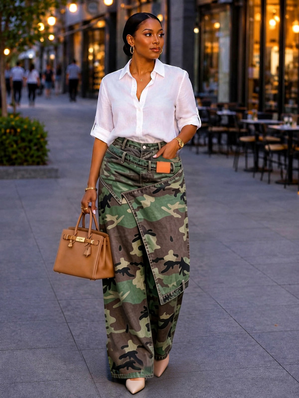 Asymmetric Camo Straight-Leg Pants SH-391661