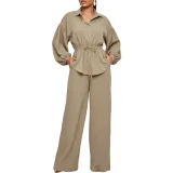 Lapel Neck Shirt Wide Leg Pants 2 Piece Set NY-3955