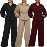 Lapel Neck Shirt Wide Leg Pants 2 Piece Set NY-3955