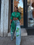 Denim Print Holes Contrast Color Wide Leg Pants(Without Belt)  SH-391662