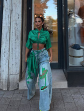 Denim Print Holes Contrast Color Wide Leg Pants(Without Belt)  SH-391662