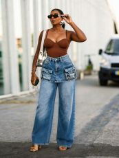 High Waist False 2pcs Wide Leg Jeans SH-391692