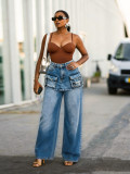 High Waist False 2pcs Wide Leg Jeans SH-391692